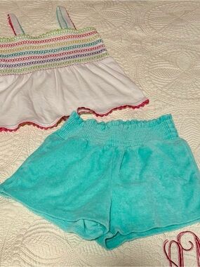 Gymboree White Smocked Tank with Aqua Terry Shorts Set